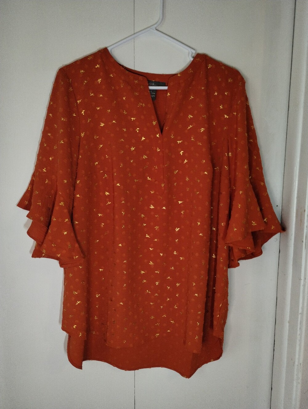 Flowy Rust Orange Blouse with Gold Foil Detail